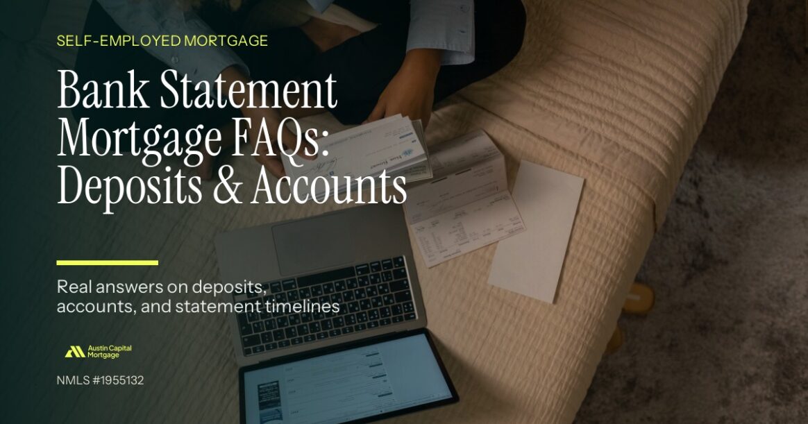 Woman reviewing bank statements and financial documents, with text overlay for bank statement mortgage FAQs about deposits and accounts