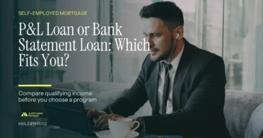 Self-employed professional working on a laptop, with text overlay comparing P&L loans and bank statement loans for buying a house