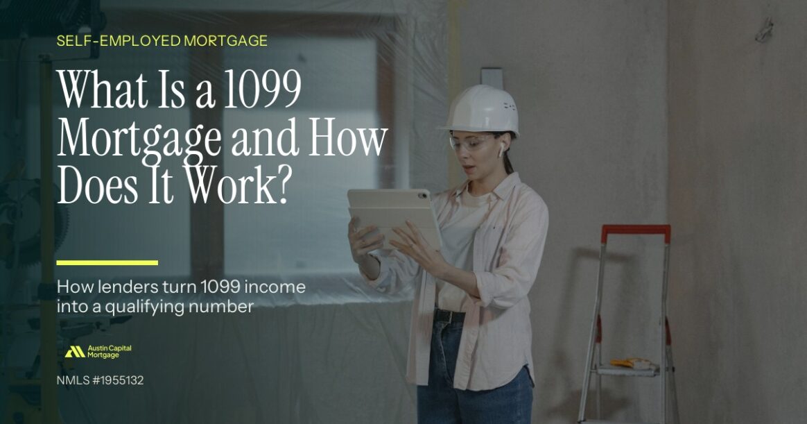 Contractor reviewing plans on a tablet at a construction site wearing a hard hat, with text overlay explaining what a 1099 mortgage is and how it works
