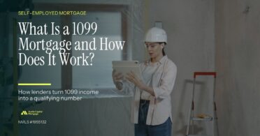 Contractor reviewing plans on a tablet at a construction site wearing a hard hat, with text overlay explaining what a 1099 mortgage is and how it works